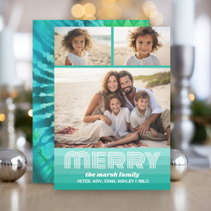 Colorful Tie Dye Blue Green - 3 Photo Collage Holiday Card