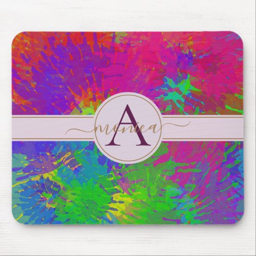 Colorful Tie Dye Design with Gold Monogram Initial Mouse Pad