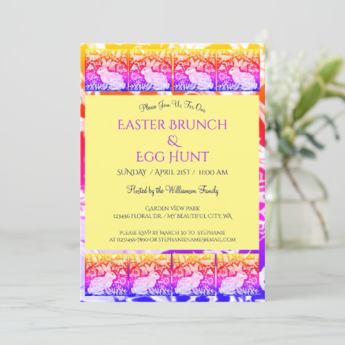Colorful Tie Dye Easter Bunny Bird Yellow Brunch Invitation
