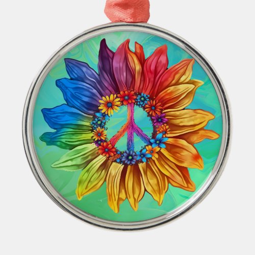Colorful Tie Dye Floral Peace Symbol Hippie Style Metal Ornament