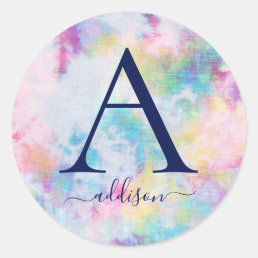 Colorful Tie Dye Girl&#39;s Monogram Personalized Classic Round Sticker