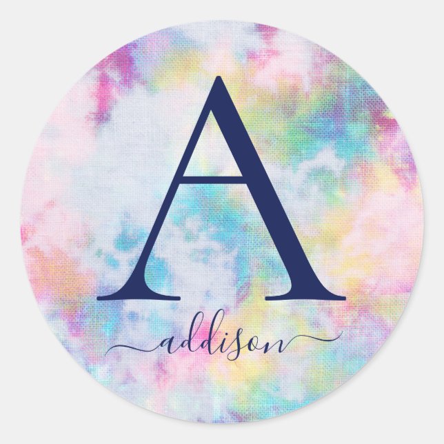 Colorful Tie Dye Girl's Monogram Personalized Classic Round Sticker (Front)
