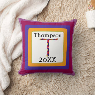 Colorful Tie Dye Letter T Initial Monogram Throw Pillow