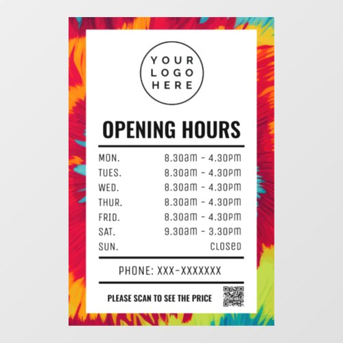 Colorful Tie Dye Opening Times With Qr Code Window Cling
