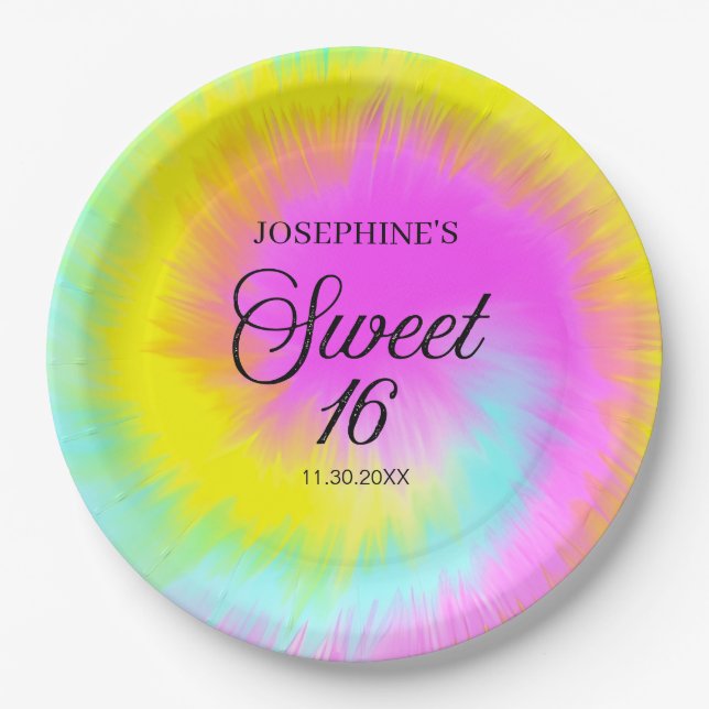 Colorful Tie Dye Pastel Boho 16th Birthday Paper Plates (Front)