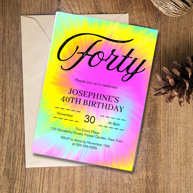 Colorful Tie Dye Pastel Boho 40th Birthday Invitation (Creator Uploaded)