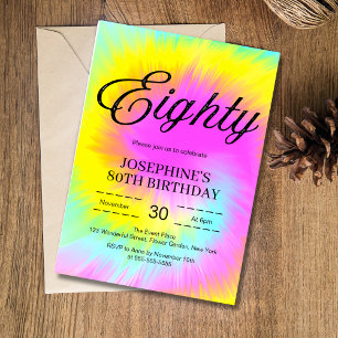Colorful Tie Dye Pastel Boho 80th Birthday Invitation