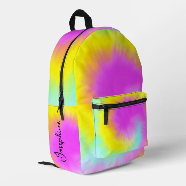 Colorful Tie Dye Pastel Boho Name Printed Backpack (Back Corner Left)