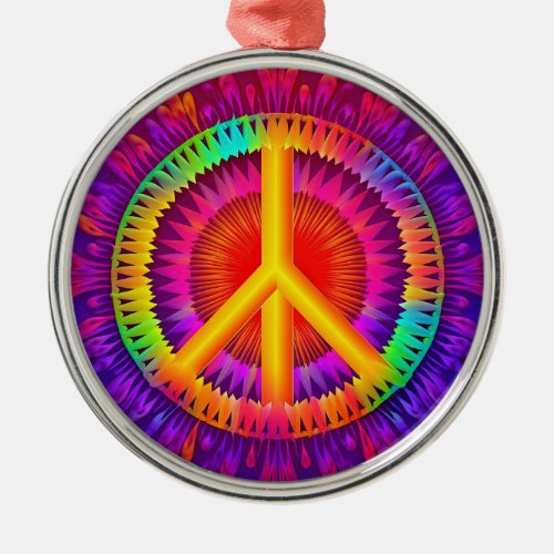 Colorful Tie Dye Peace Symbol Hippie Style Metal Ornament
