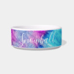 Colorful Tie Dye Purple Teal Blue Personalized Pet<br><div class="desc">Colorful neon purple,  turquoise teal blue,  and lime green rainbow tie dye personalized cat or dog bowl with a texture like fabric printed directly on it,  with your pet's name in a fun and modern script font that can be edited using the template editor if desired.</div>