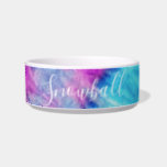 Colorful Tie Dye Purple Teal Blue Personalized Pet Bowl<br><div class="desc">Colorful neon purple,  turquoise teal blue,  and lime green rainbow tie dye personalized cat or dog bowl with a texture like fabric printed directly on it,  with your pet's name in a fun and modern script font that can be edited using the template editor if desired.</div>