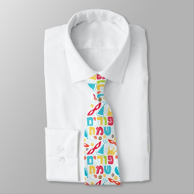 Colorful Tie with Hebrew "Happy Purim" Text (Tied)