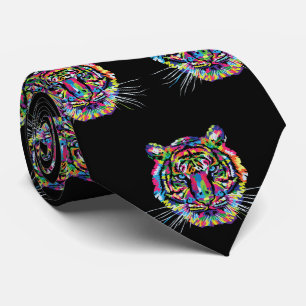 Colorful Tiger Head On Black Necktie