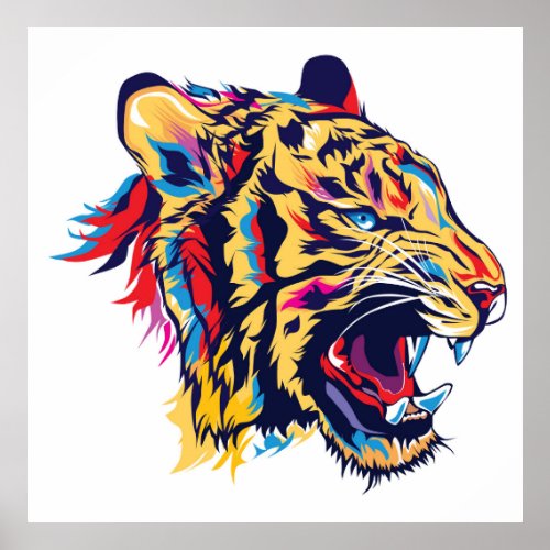 Colorful tiger head roaring illustration poster