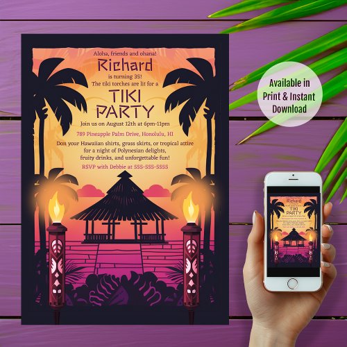 Colorful Tiki Hawaiian Birthday Party Invitation