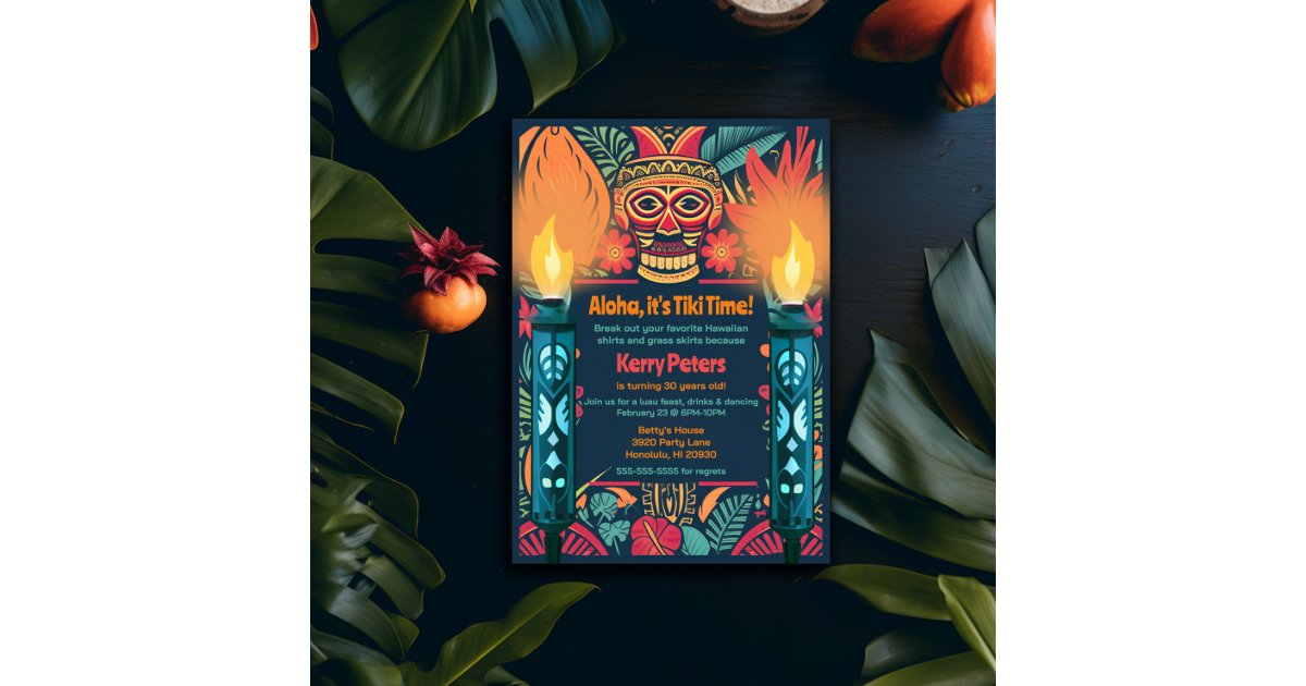 Colorful Tiki Luau Skull Backyard Birthday Party Invitation