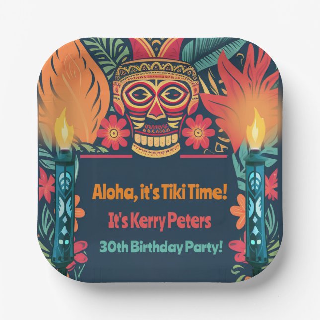 Colorful Tiki Luau Skull Backyard Birthday Party Paper Plates (Front)
