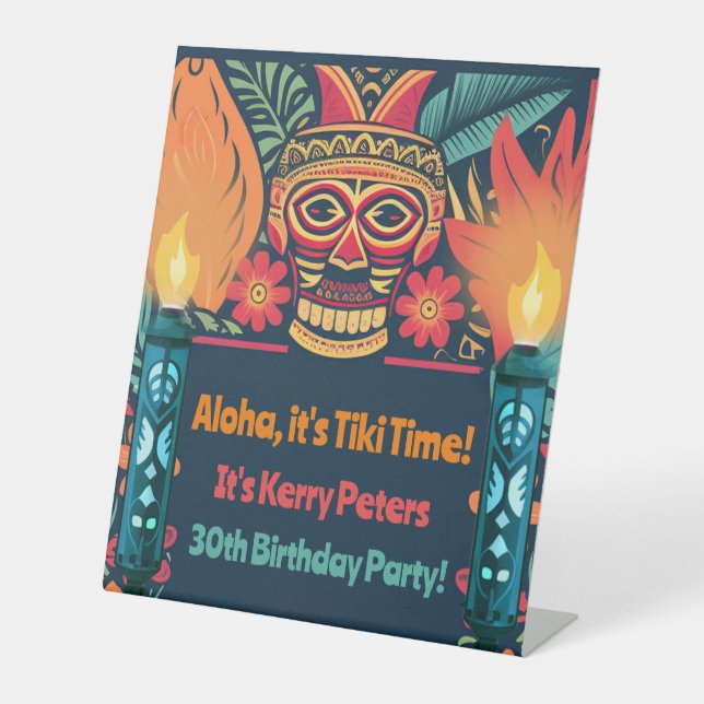 Colorful Tiki Luau Skull Backyard Birthday Party Pedestal Sign (Front)