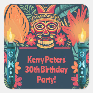 Colorful Tiki Luau Skull Backyard Birthday Party Square Sticker
