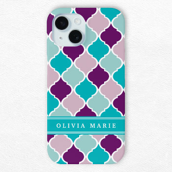 Colorful Tile Pattern With Custom Name Iphone 15 Case by DoodlesGiftShop at Zazzle