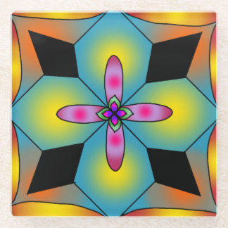 Colorful tile style mandala glass coaster