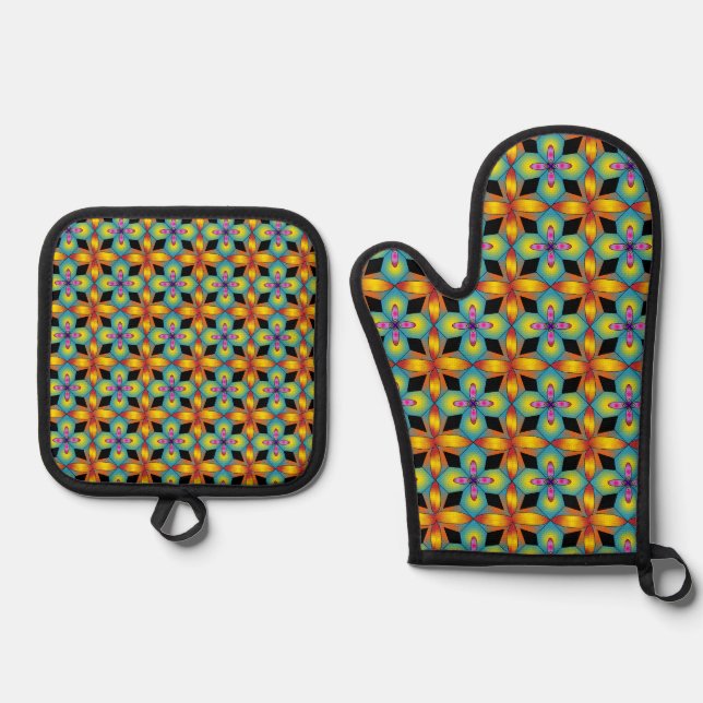 Colorful tile style mandala  oven mitt & pot holder set (Front)