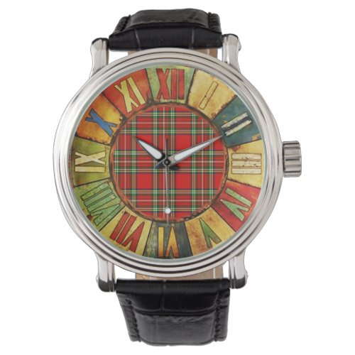 COLORFUL TIME WITH RED GREEN SCOTTISH TARTAN WATCH