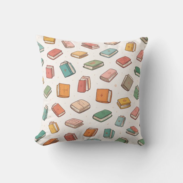 Colorful Tiny Repeating Books Pattern Throw Pillow (Front)