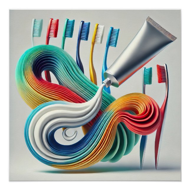 Colorful Toothpaste & Toothbrush Abstract Art Poster (Front)