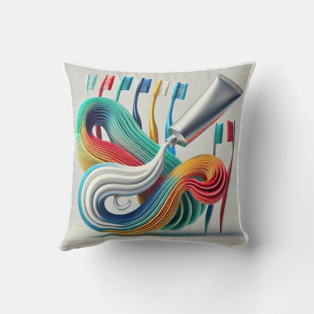 Colorful Toothpaste & Toothbrush Abstract Art Throw Pillow (Back)