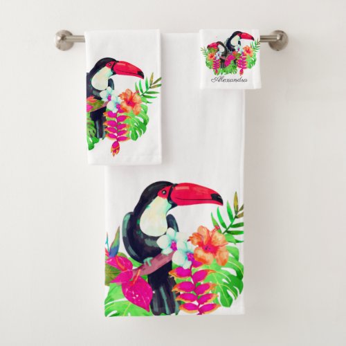 Colorful Toucan birds tropical flowers Bath Towel 