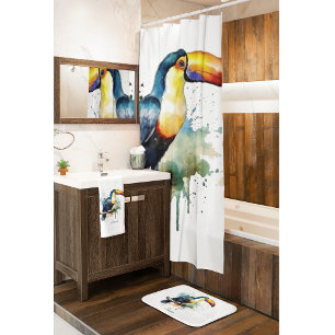 colorful toucan sitting on a branch bath mat