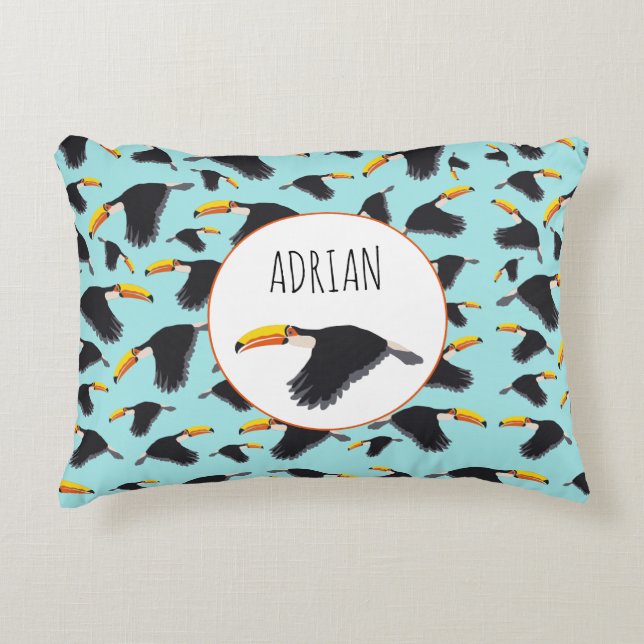 Colorful Toucan Tropical Bird Pattern Accent Pillow (Front)