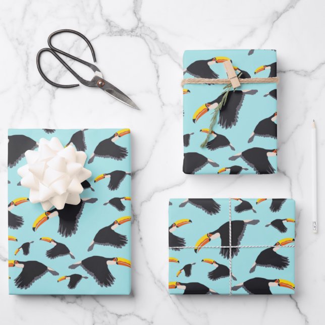 Colorful Toucan Tropical Bird Pattern Wrapping Paper Sheets (Front)