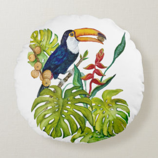 Colorful Toucan Watercolor Tropical Bird Round Pillow