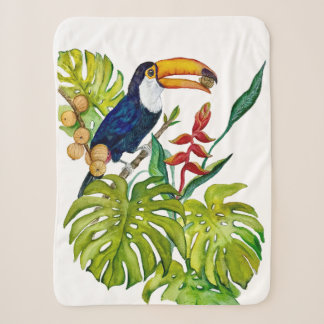 Colorful Toucan Watercolor Tropical Bird Sherpa Blanket