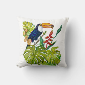 Colorful Toucan Watercolor Tropical Bird Throw Pillow