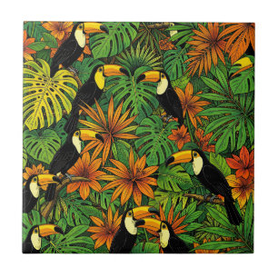 Colorful Toucans Tropical Jungle Leaves Hibiscus Ceramic Tile