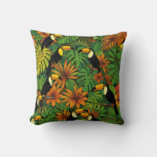 Colorful Toucans Tropical Jungle Leaves Hibiscus Throw Pillow