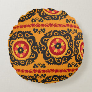 Colorful traditional asian carpet embroidery motif round pillow
