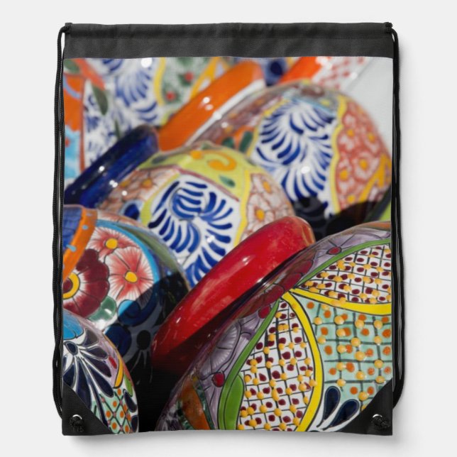 Colorful traditional hand-painted Mexican pottery Drawstring Bag (Front)