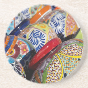 Colorful traditional hand-painted Mexican pottery Drink Coaster