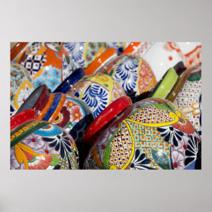 Colorful traditional hand-painted Mexican pottery Poster