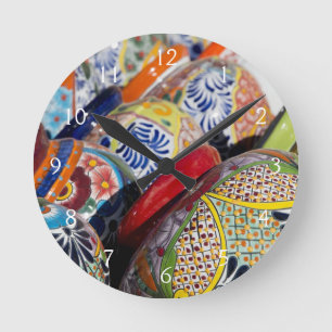 Colorful traditional hand-painted Mexican pottery Round Clock