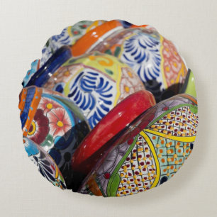 Colorful traditional hand-painted Mexican pottery Round Pillow