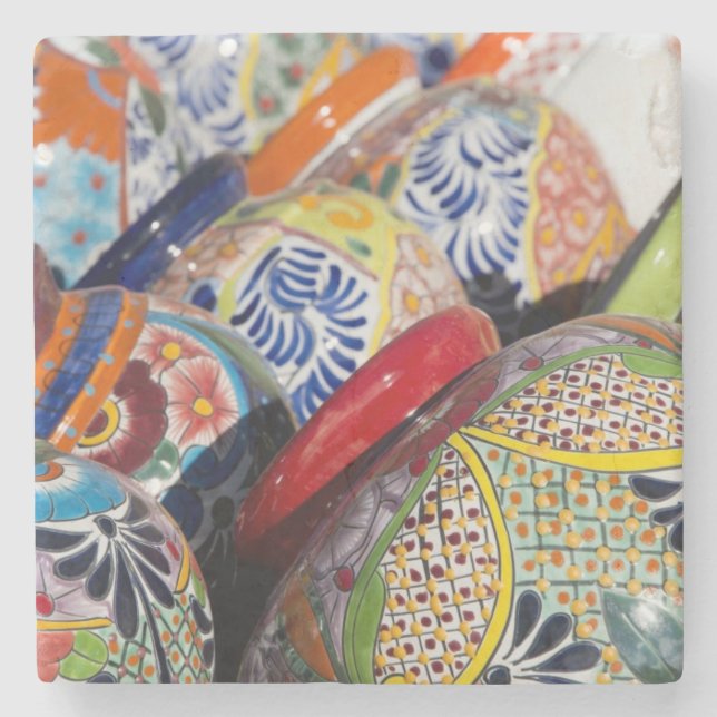 Colorful traditional hand-painted Mexican pottery Stone Coaster (Front)
