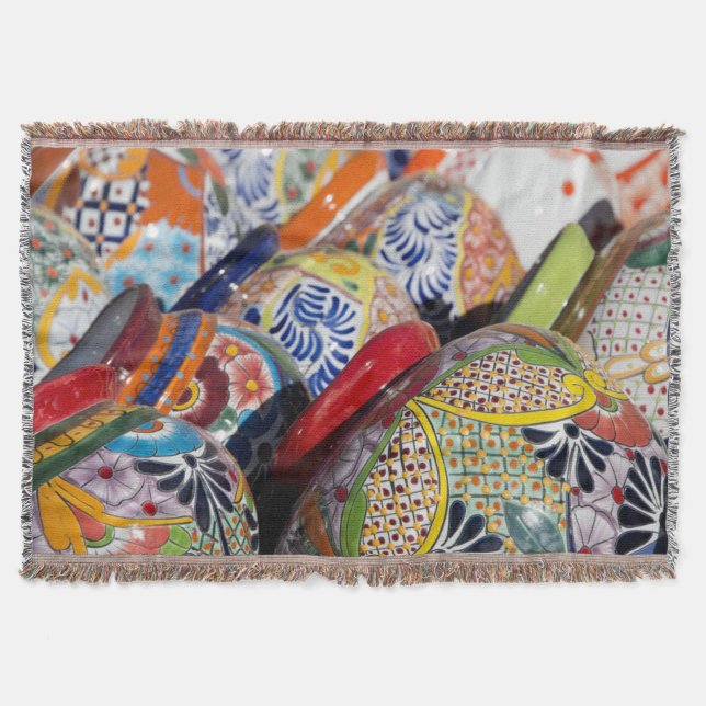 Colorful traditional hand-painted Mexican pottery Throw Blanket (Front)