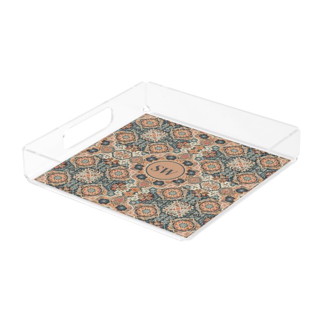 Colorful Traditional Moroccan Rug Pattern Acrylic Tray (Angled)