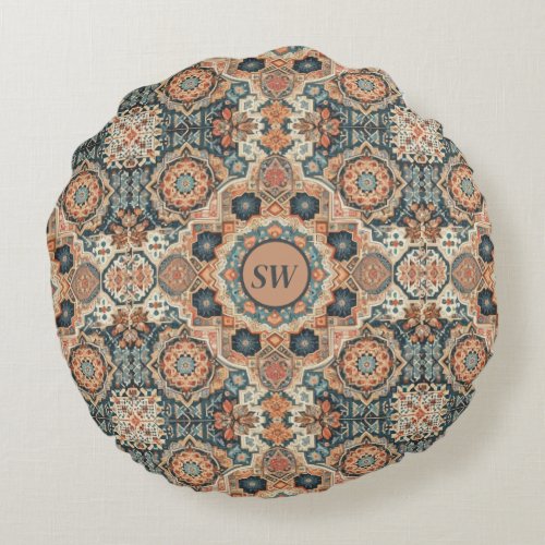 Colorful Traditional Moroccan Rug Pattern Round Pillow