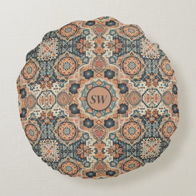 Colorful Traditional Moroccan Rug Pattern Round Pillow (Back)